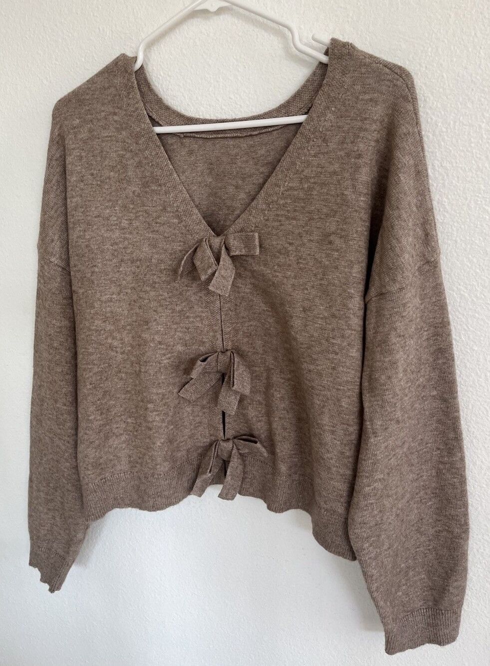 Unbranded Womens Beige Tie Front Cardigan Sweater Knit Bow V-Neck Balletcore